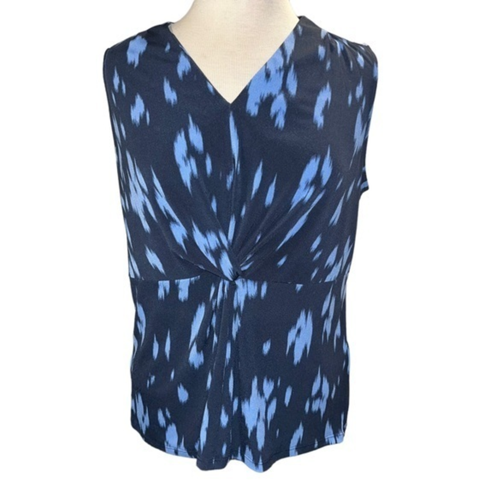 Alfani Petite Navy Abstract Ikat Twist Front V-Neck Sleeveless Blouse PL #339